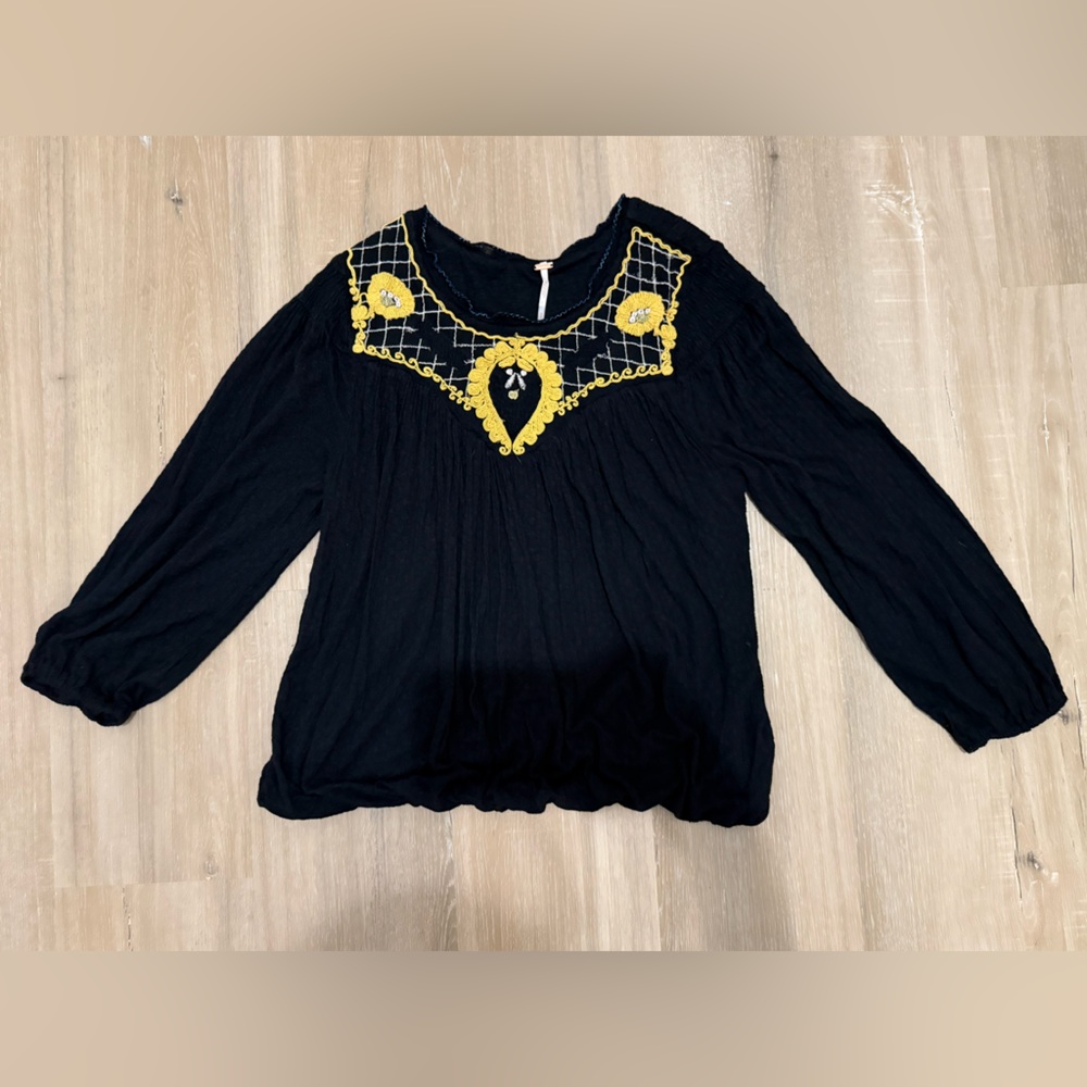 Free People Women’s Black Long Sleeve Begonia Blouse Relaxed Boho Size Small